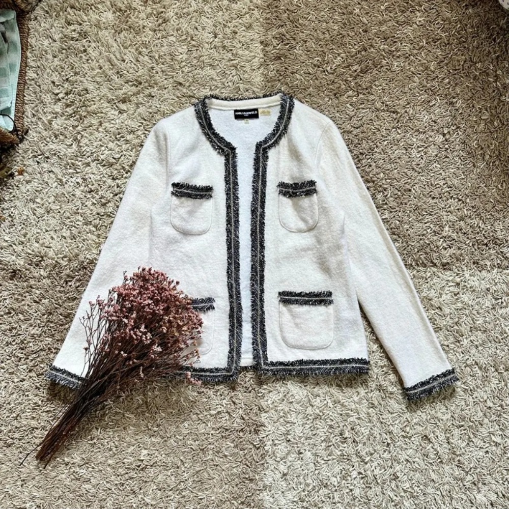 Karl Lagerfeld White Cardigan with Black Trim